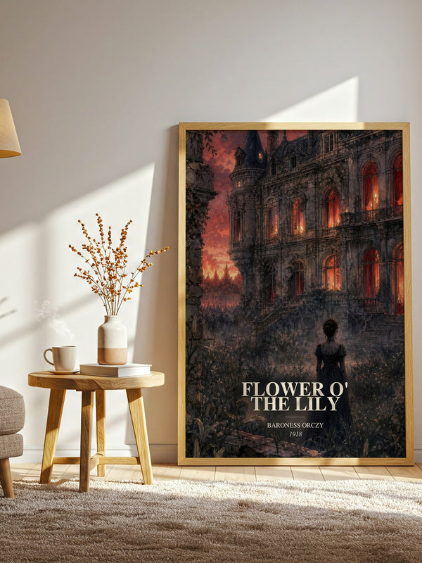 Flower O' The Lily watercolour print in frame leaning in hallway – historical fiction wall art