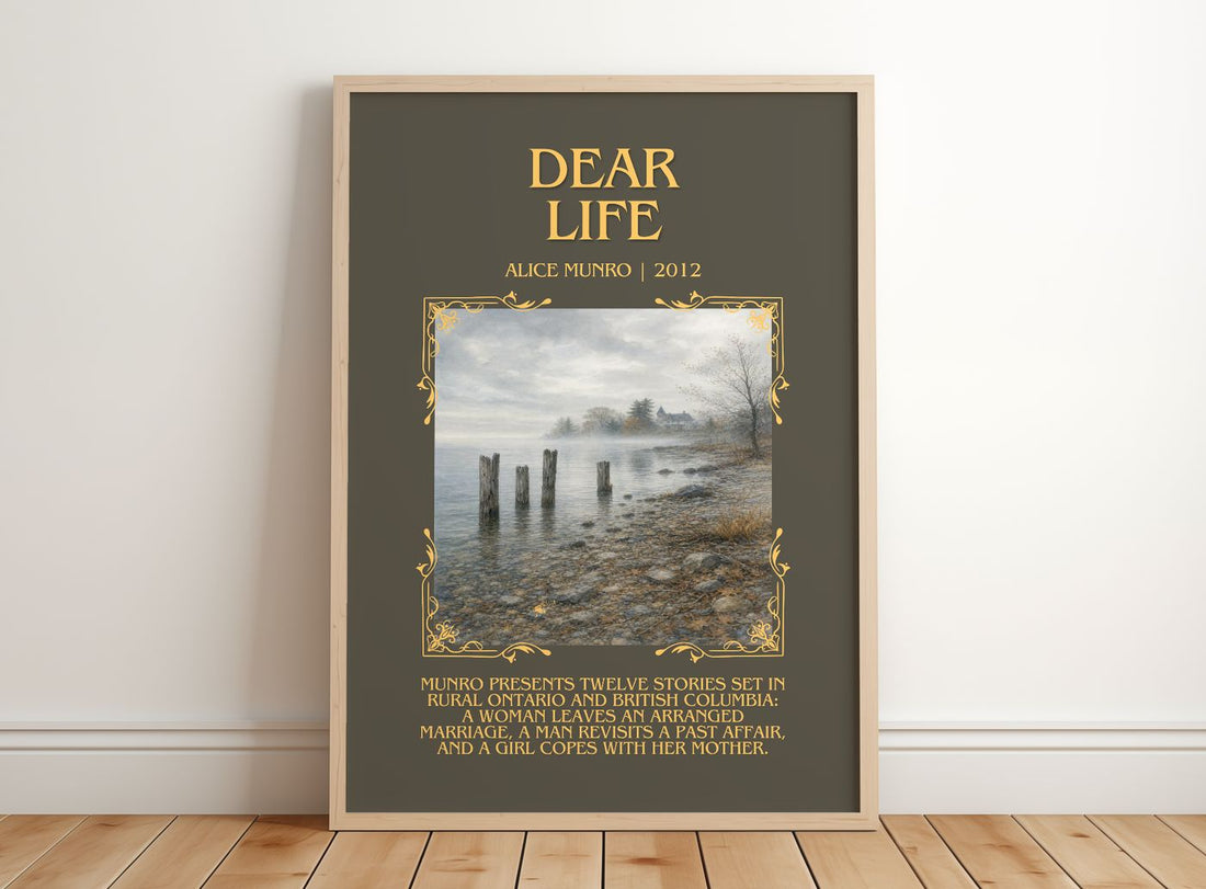 Dear Life Minimalist Book Poster by Alice Munro – framed print leaning on a wooden floor