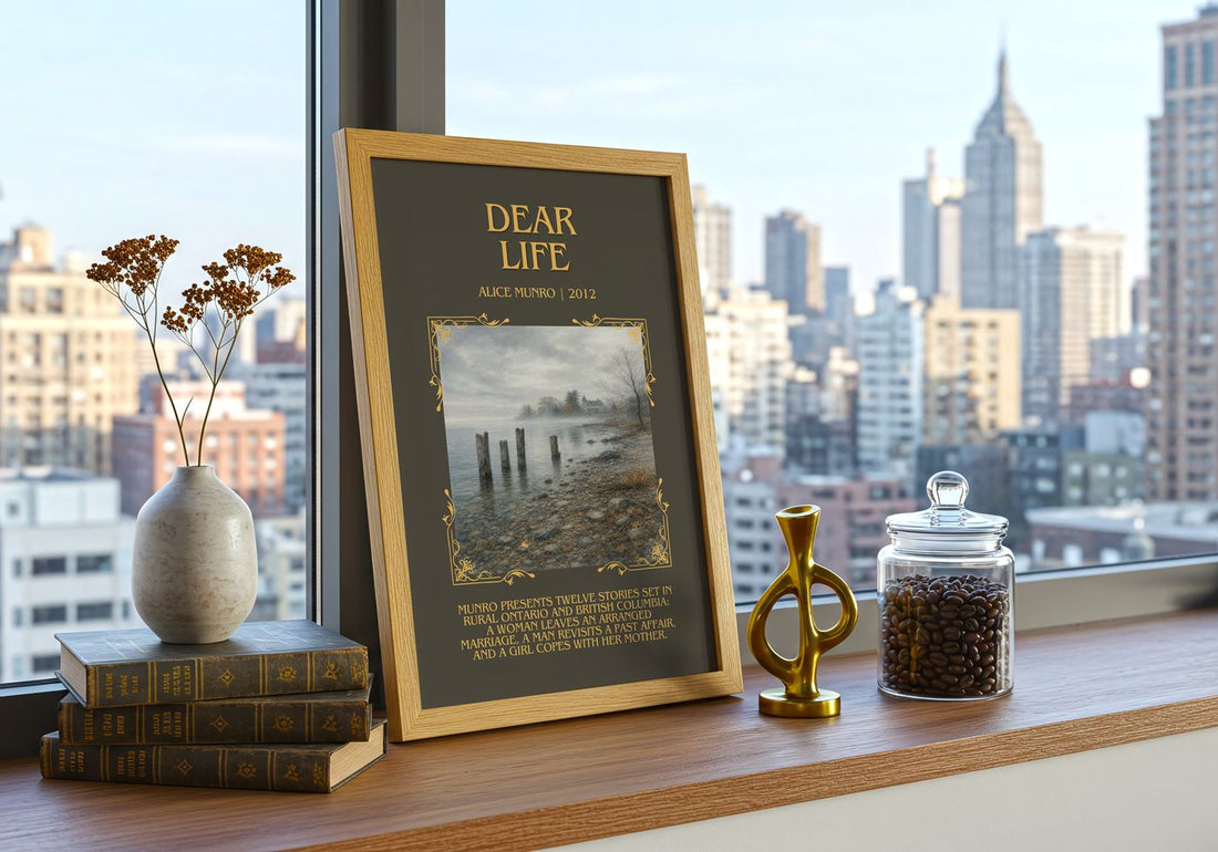 Dear Life Minimalist Book Poster by Alice Munro – framed print on a city-view windowsill