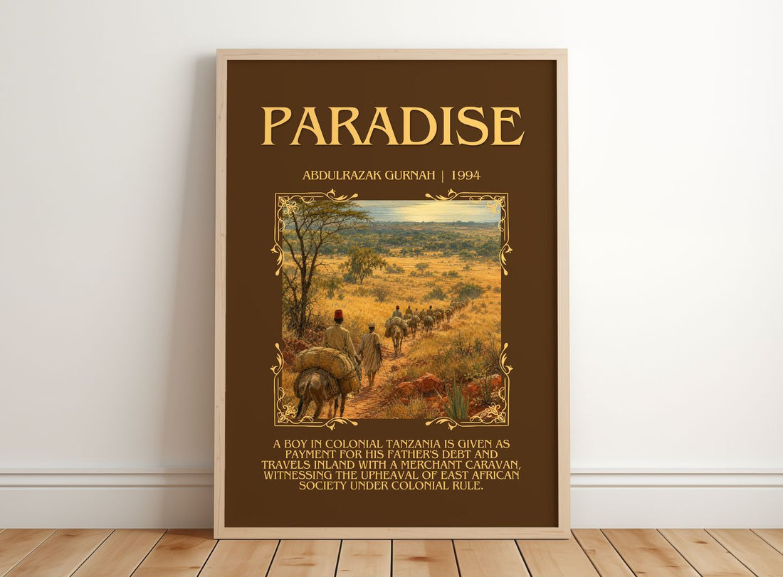 Paradise Minimalist Book Poster by Abdulrazak Gurnah – framed print leaning on a wooden floor
