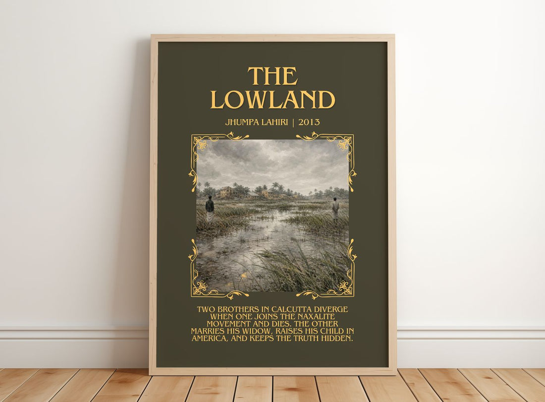 The Lowland Minimalist Book Poster by Jhumpa Lahiri – framed print leaning on a wooden floor