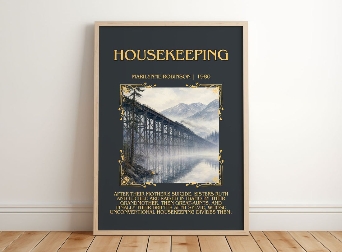 Housekeeping Minimalist Book Poster by Marilynne Robinson – framed print leaning on a wooden floor