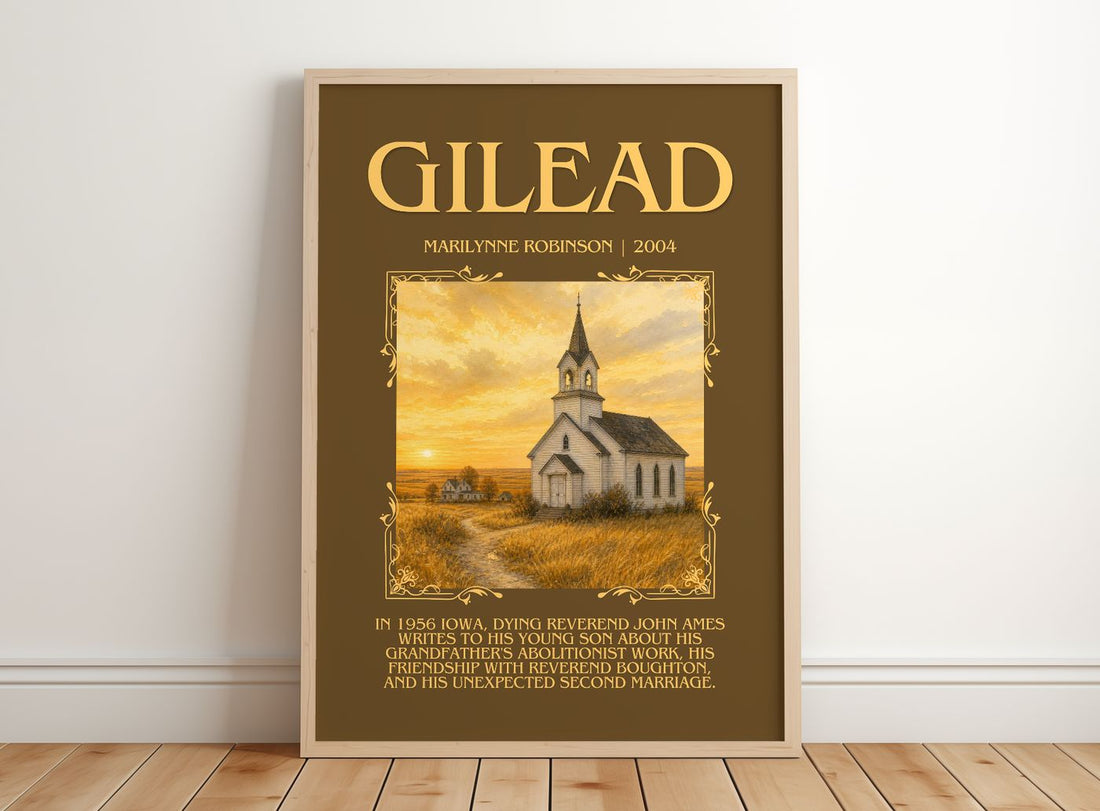 Gilead Minimalist Book Poster by Marilynne Robinson – framed print leaning on a wooden floor