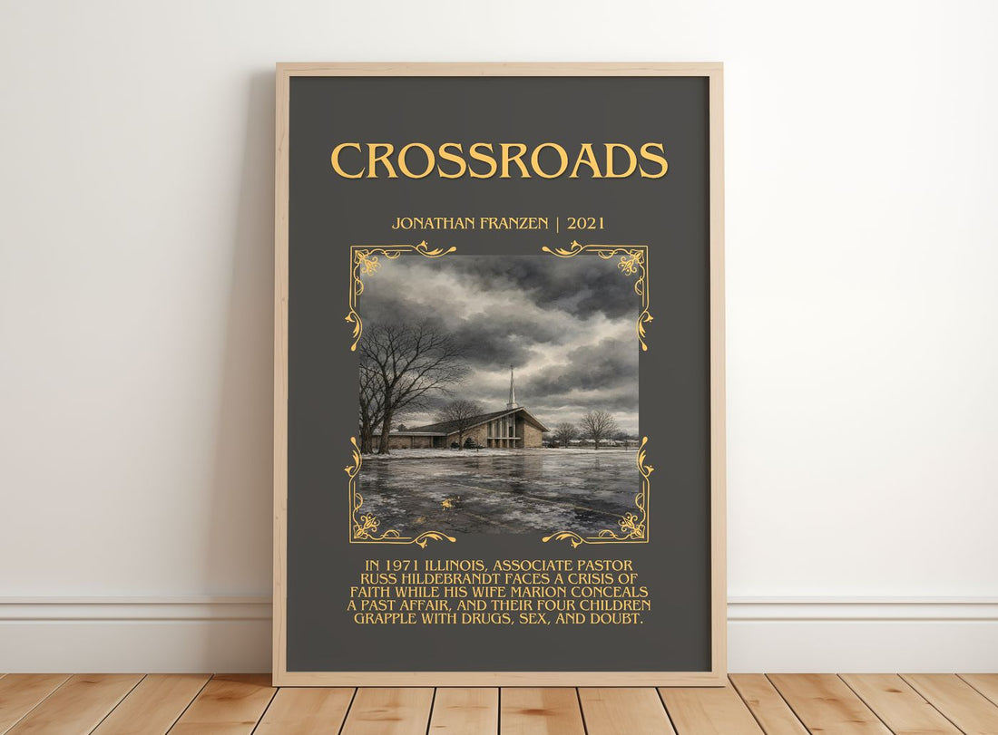 Crossroads Minimalist Book Poster by Jonathan Franzen – framed print leaning on a wooden floor