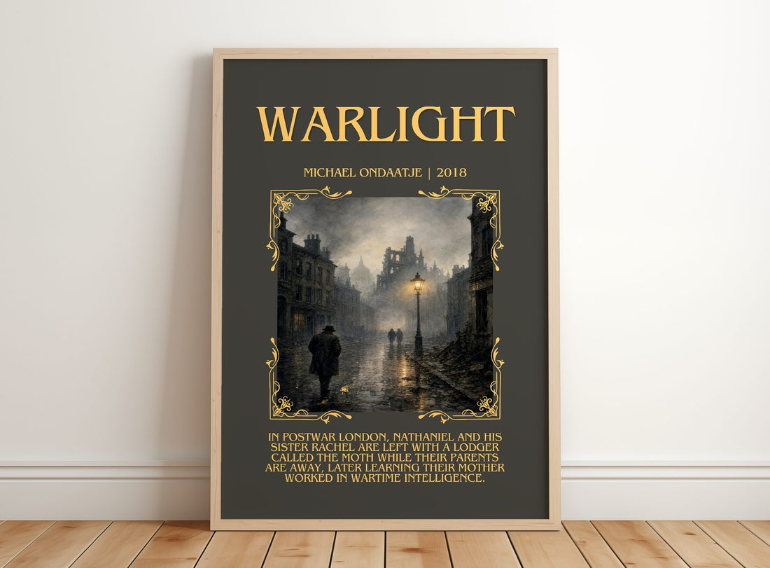 Warlight Minimalist Book Poster by Michael Ondaatje – framed print leaning on a wooden floor