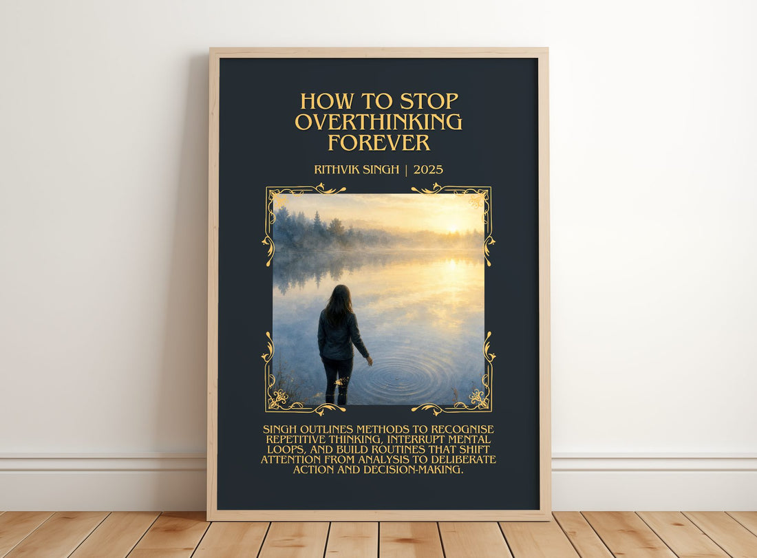 How To Stop Overthinking Forever Minimalist Book Poster by R. Singh – framed print leaning on a wooden floor