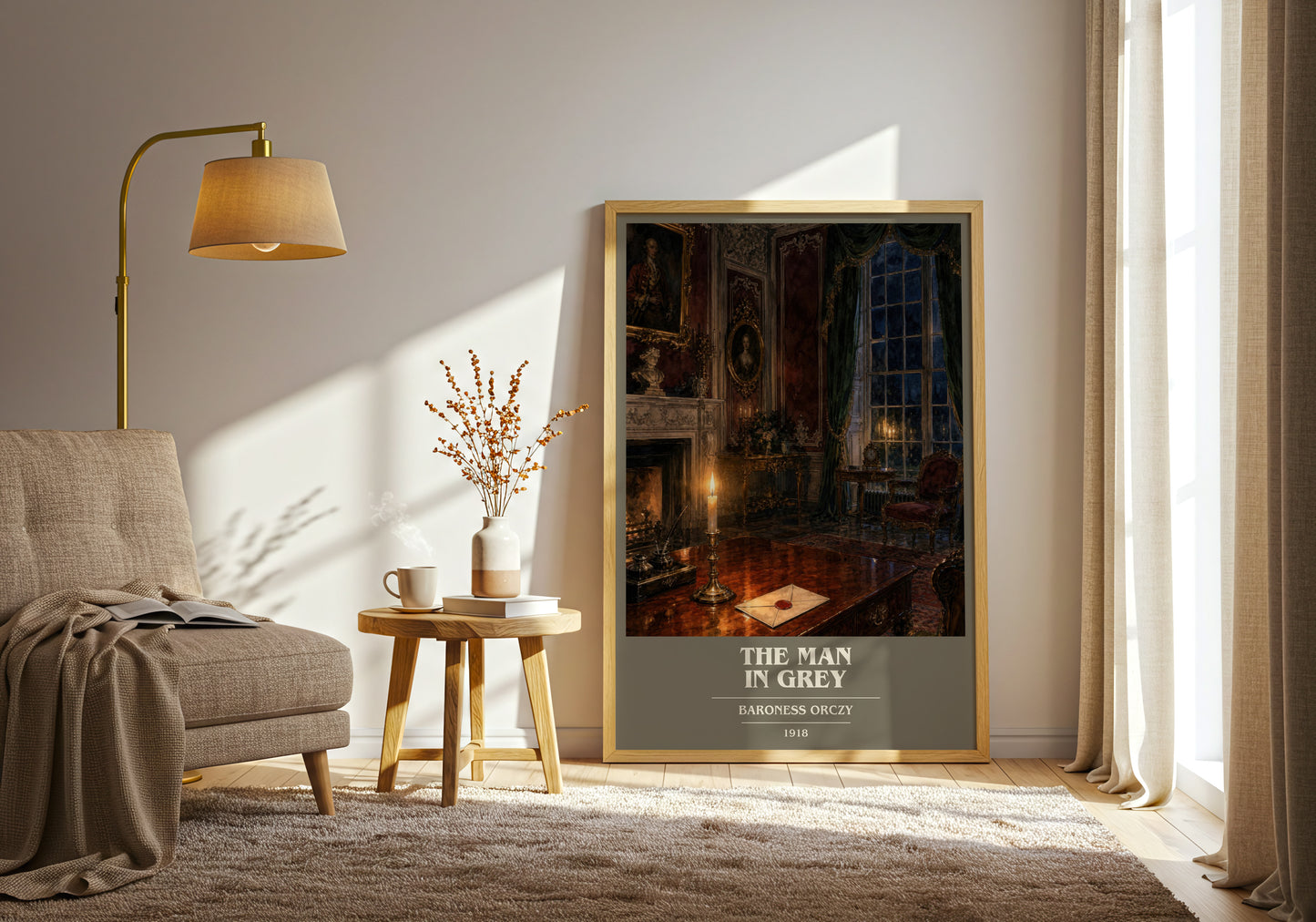 The Man In Grey book cover print on bookshelf – Baroness Orczy fan gift
