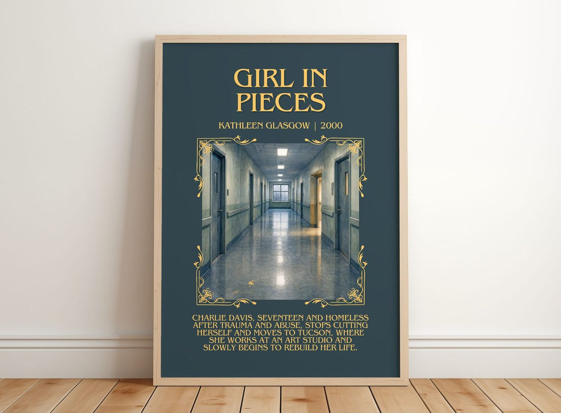 Girl in Pieces minimalist print in frame leaning in hallway – young adult wall art