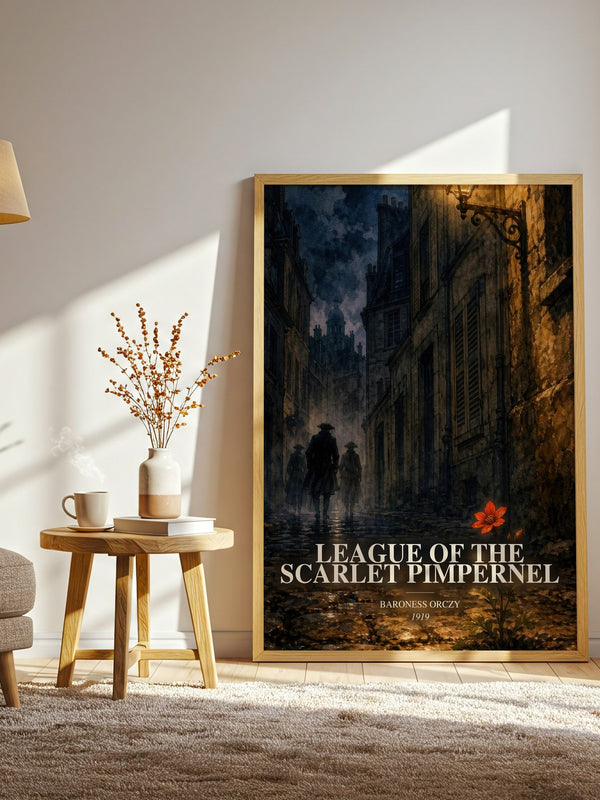 League Of The Scarlet Pimpernel watercolour print in frame leaning in hallway – historical fiction wall art