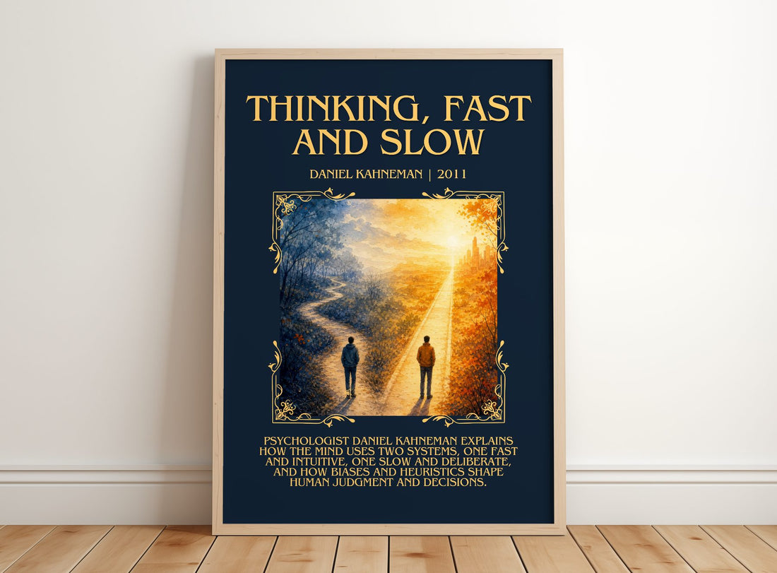 Thinking, fast and slow Minimalist Book Poster by Daniel Kahneman – framed print leaning on a wooden floor