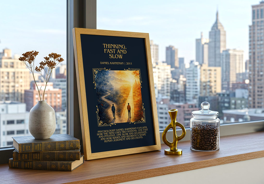 Thinking, fast and slow Minimalist Book Poster by Daniel Kahneman – framed print on a city-view windowsill