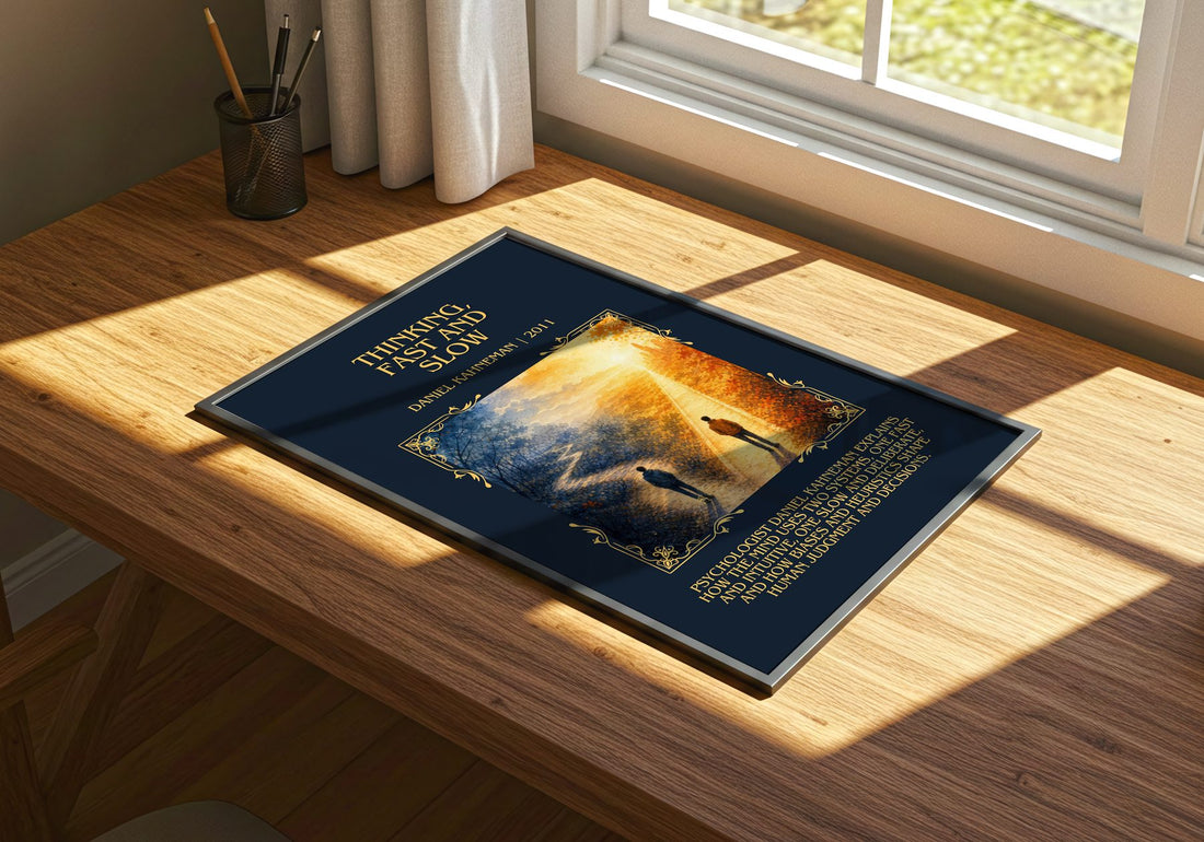 Thinking, fast and slow Minimalist Book Poster by Daniel Kahneman – print on a sunlit desk