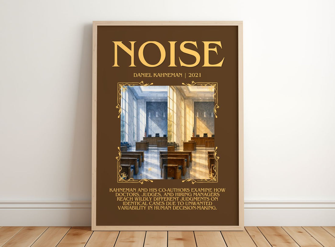 Noise Minimalist Book Poster by Daniel Kahneman – framed print leaning on a wooden floor