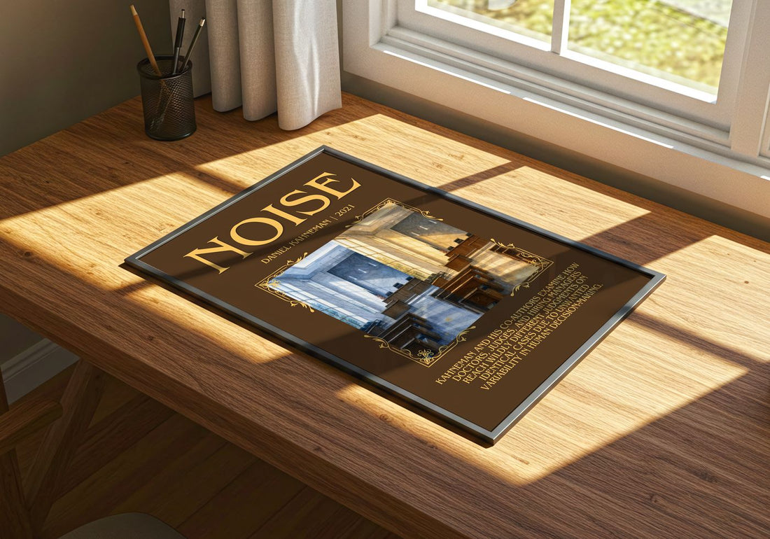 Noise Minimalist Book Poster by Daniel Kahneman – print on a sunlit desk