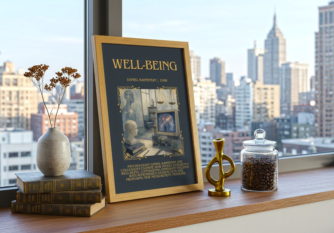 Well-being Minimalist Book Poster by Daniel Kahneman – framed print on a city-view windowsill