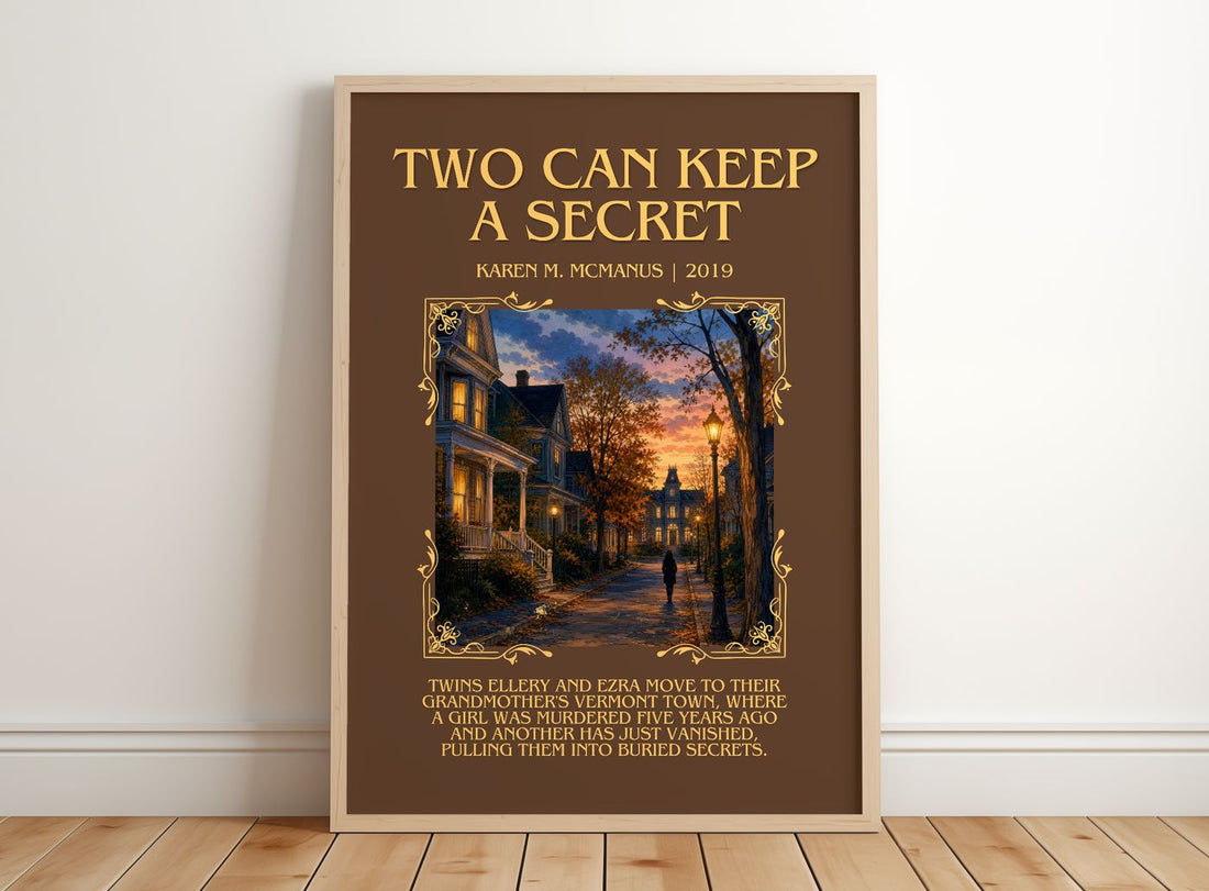 Two Can Keep a Secret Minimalist Book Poster by Karen M. McManus – framed print leaning on a wooden floor