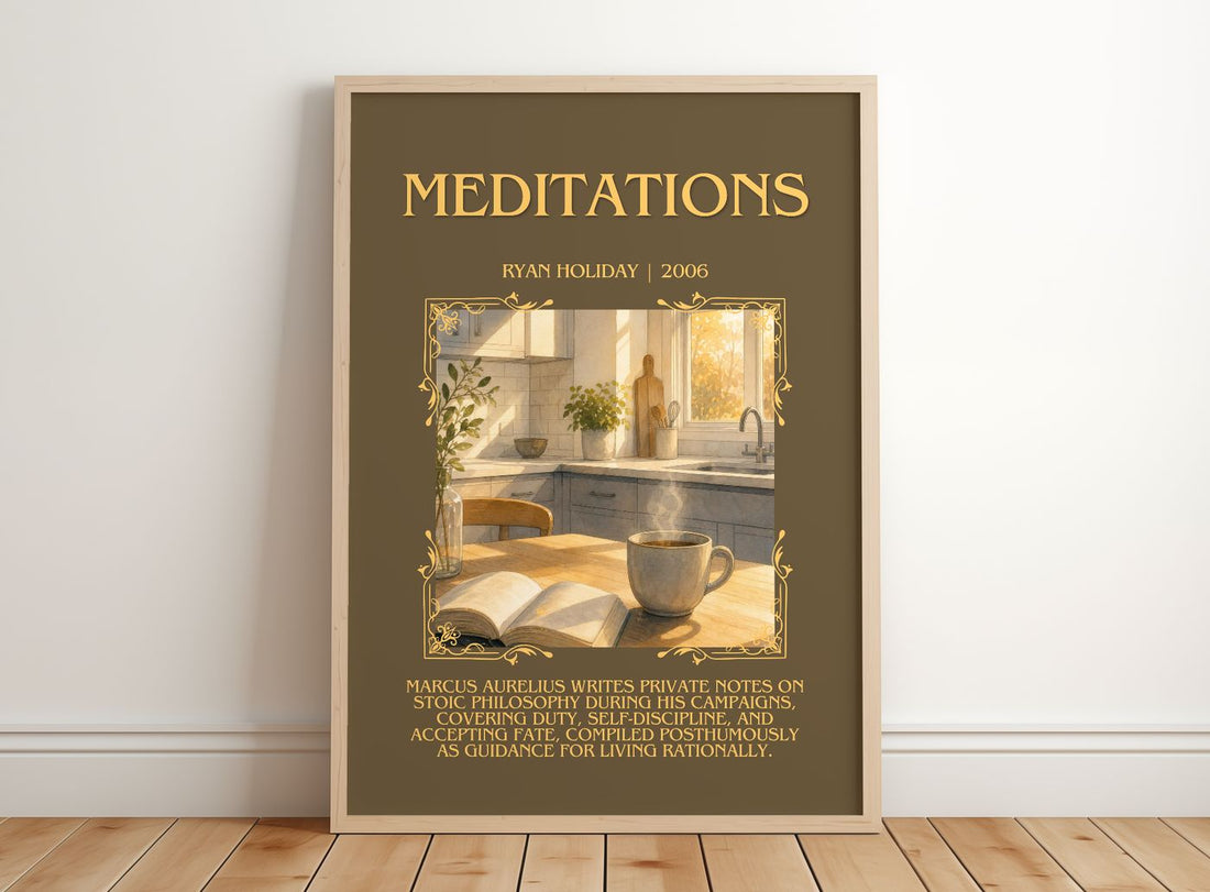Meditations Minimalist Book Poster by Ryan Holiday – framed print leaning on a wooden floor
