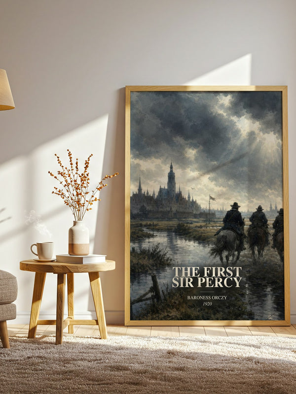 The First Sir Percy watercolour print in frame leaning in hallway – historical fiction wall art