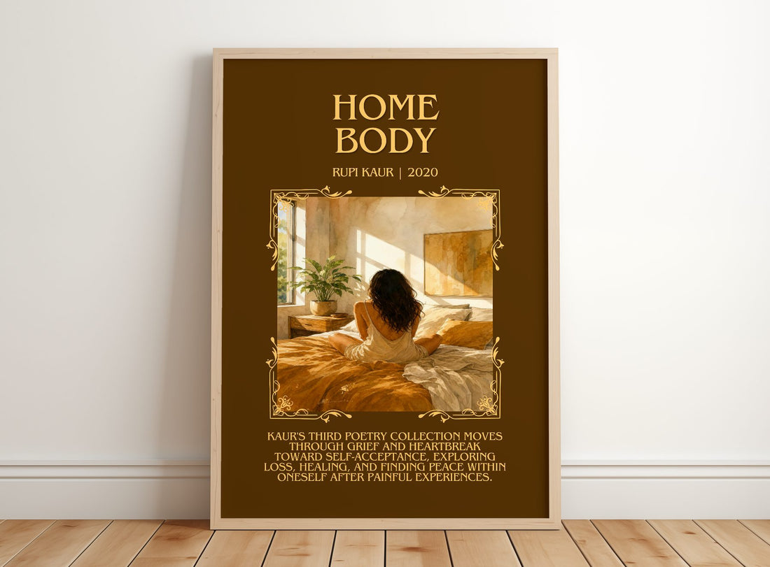 Home Body Minimalist Book Poster by Rupi Kaur – framed print leaning on a wooden floor