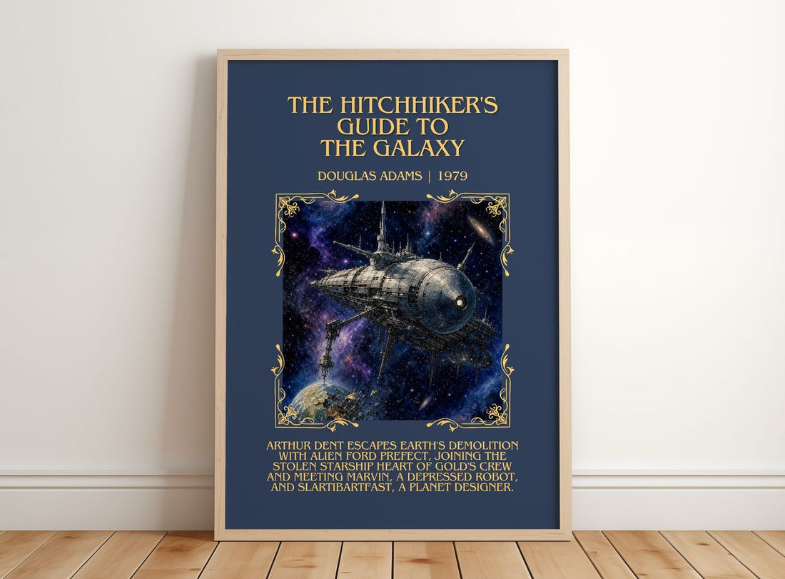 Hitchhiker's Guide to the Galaxy Minimalist Book Poster by D. Adams – framed print leaning on a wooden floor