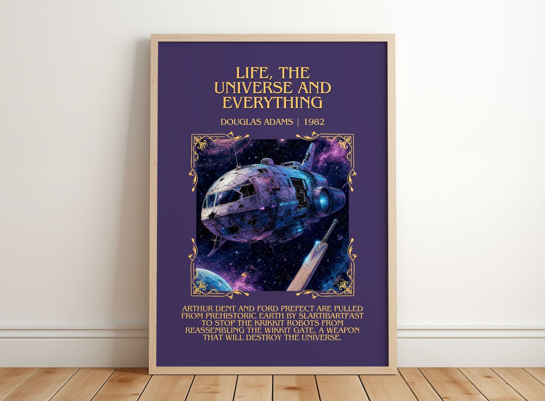 Life, the Universe and Everything Minimalist Book Poster by D. Adams – framed print leaning on a wooden floor