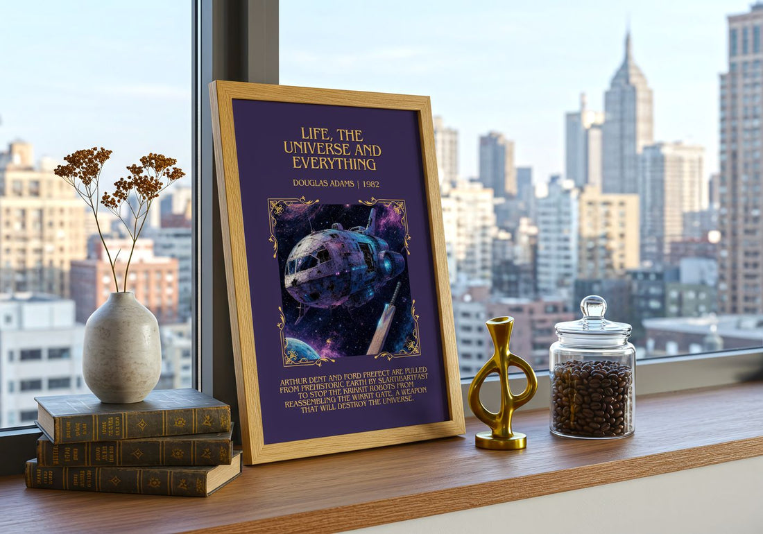 Life, the Universe and Everything Minimalist Book Poster by D. Adams – framed print on a city-view windowsill