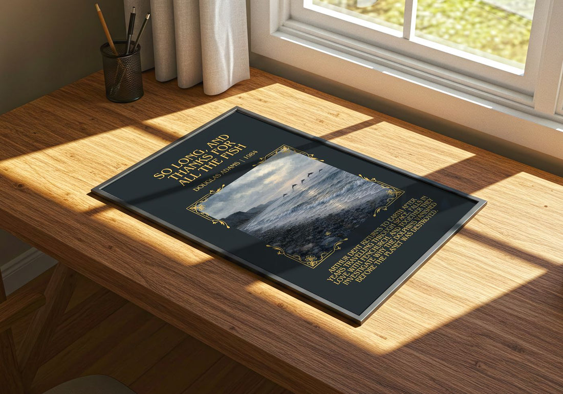So long, and thanks for all the fish Minimalist Book Poster – print on a sunlit desk