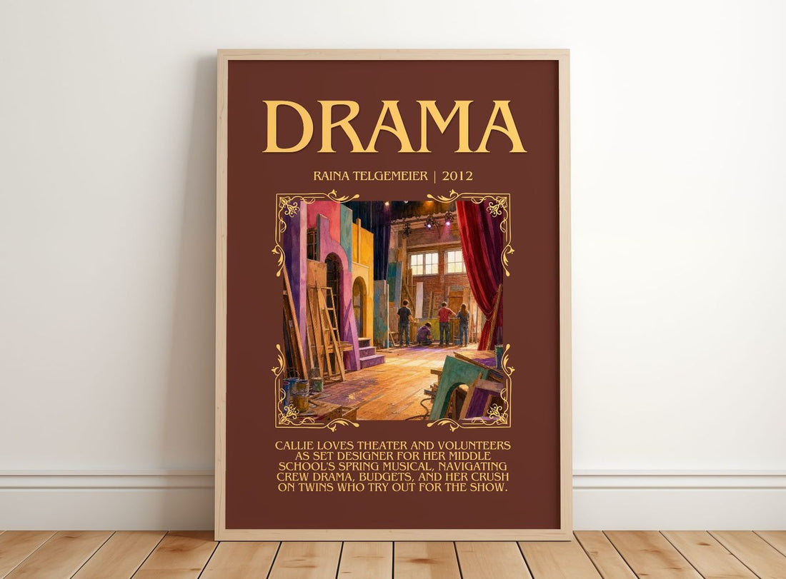 Drama Minimalist Book Poster by Raina Telgemeier – framed print leaning on a wooden floor