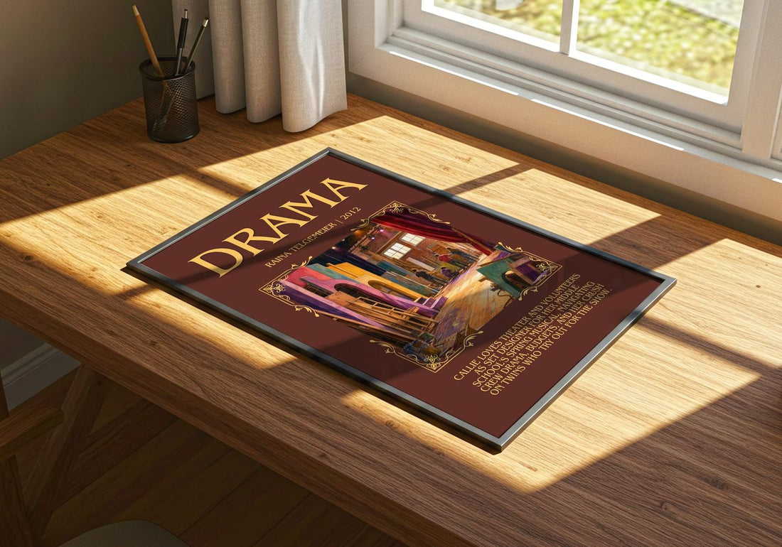 Drama Minimalist Book Poster by Raina Telgemeier – print on a sunlit desk