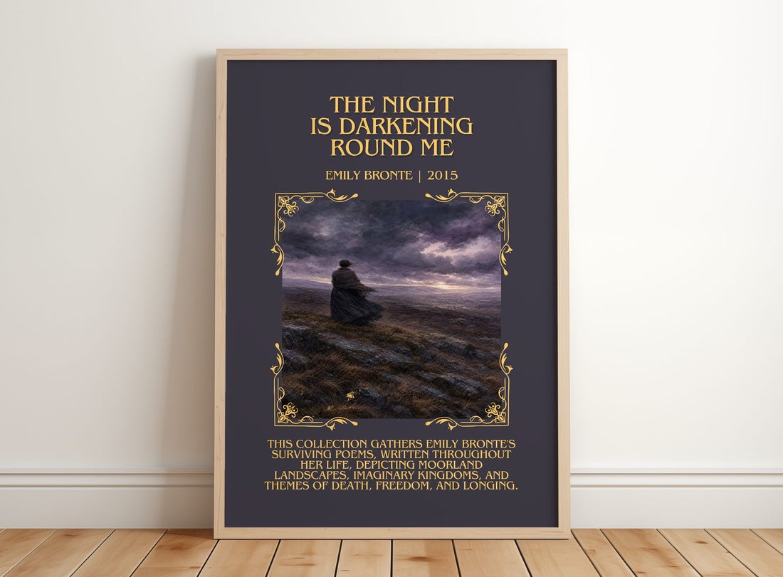 The Night is Darkening Round Me Minimalist Book Poster by Emily Brontë – framed print leaning on a wooden floor