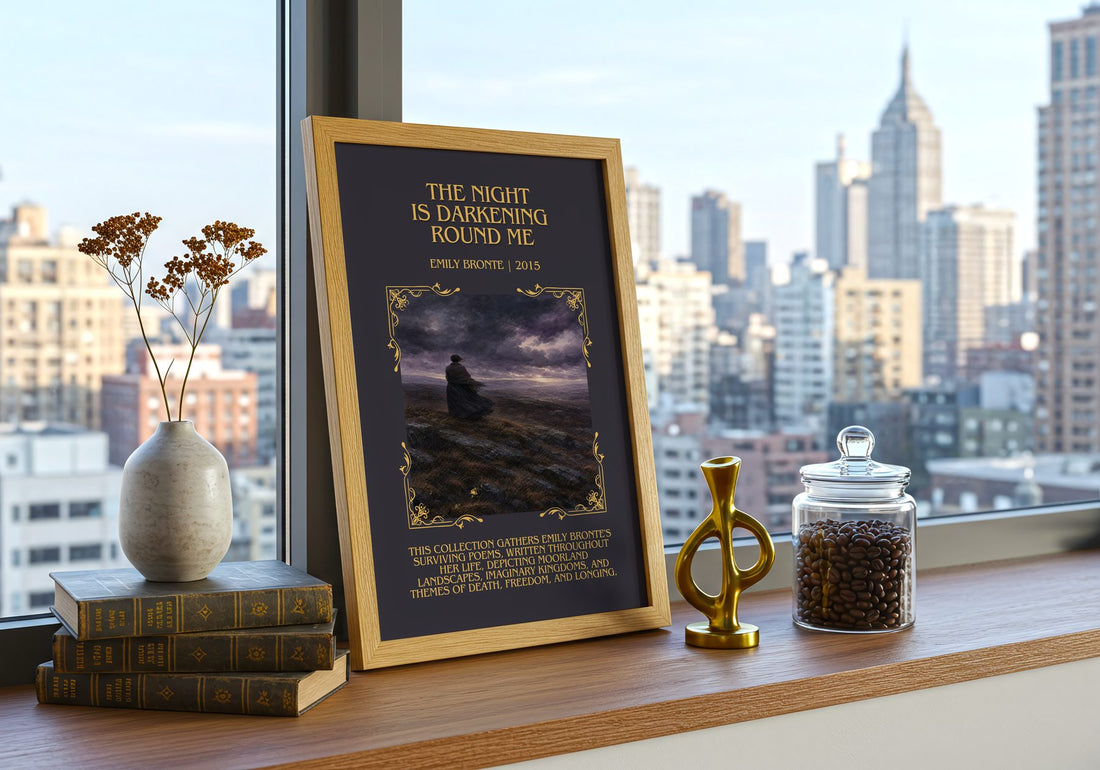 The Night is Darkening Round Me Minimalist Book Poster by Emily Brontë – framed print on a city-view windowsill
