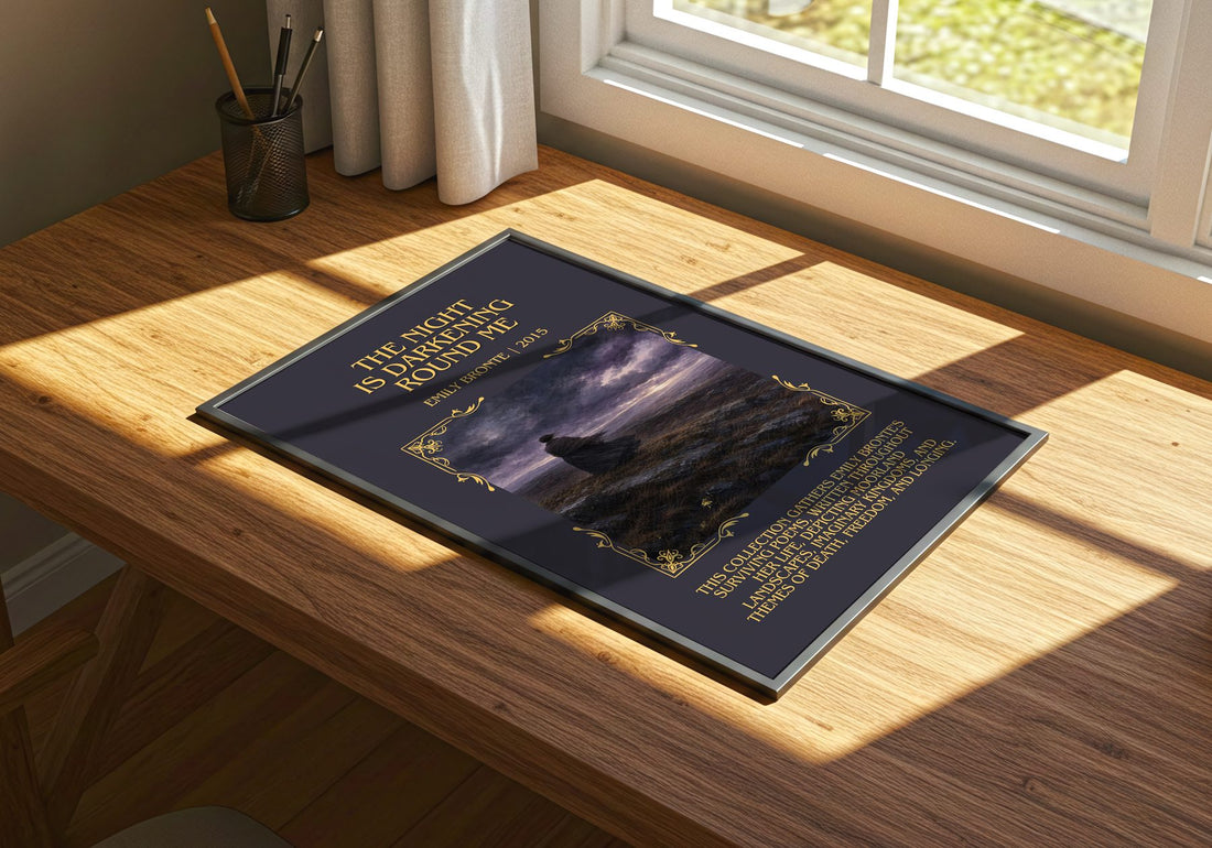 The Night is Darkening Round Me Minimalist Book Poster by Emily Brontë – print on a sunlit desk