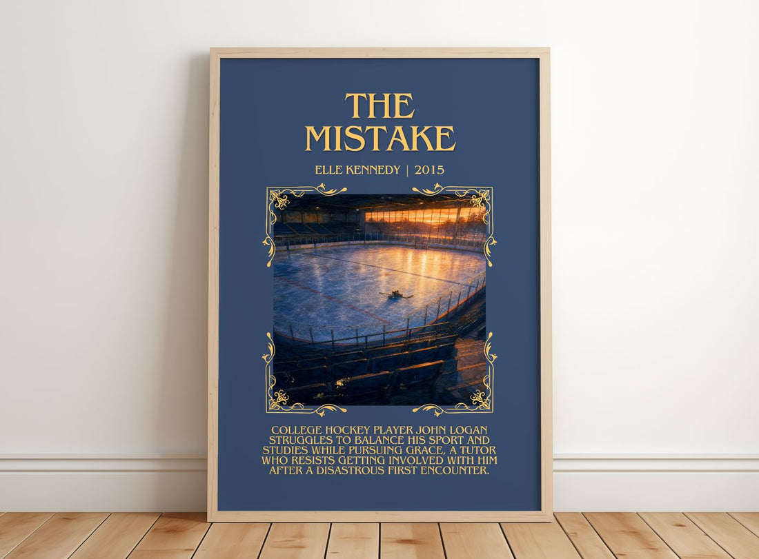 The Mistake Minimalist Book Poster by Elle Kennedy – framed print leaning on a wooden floor