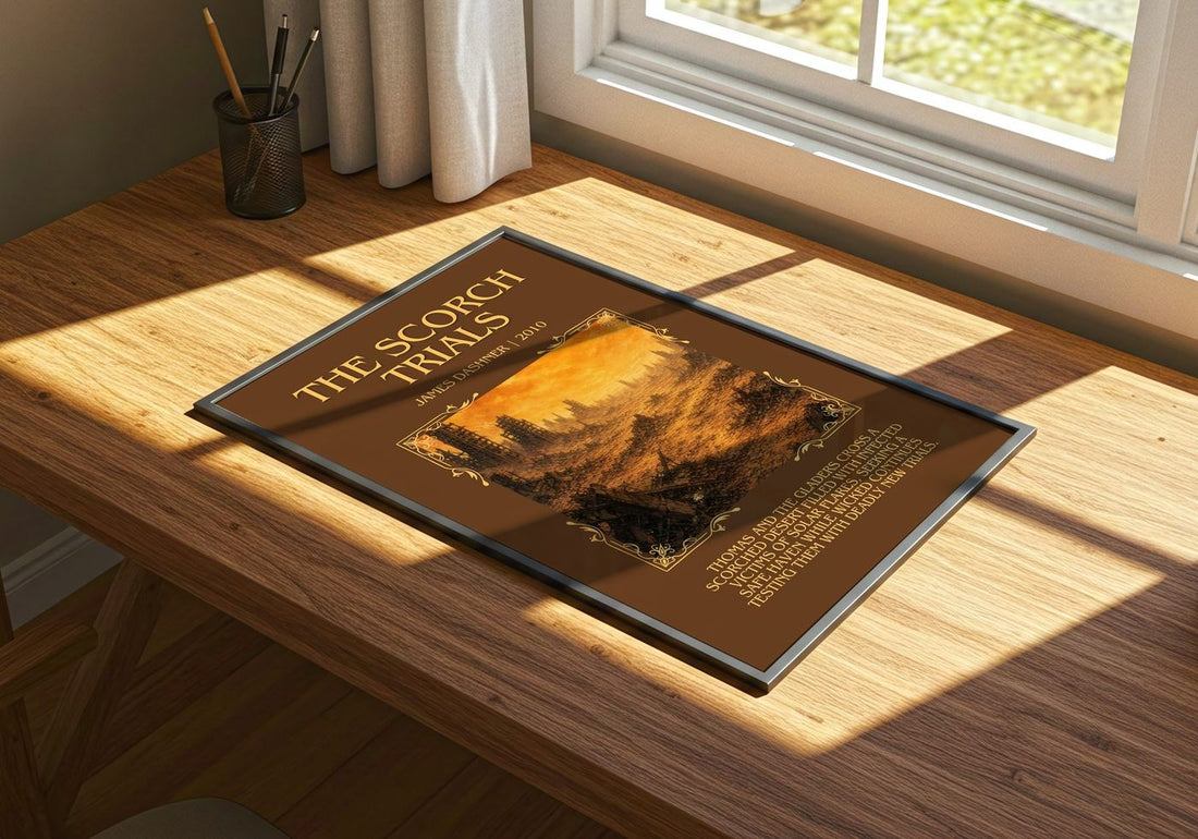 The Scorch Trials Minimalist Book Poster by James Dashner – print on a sunlit desk