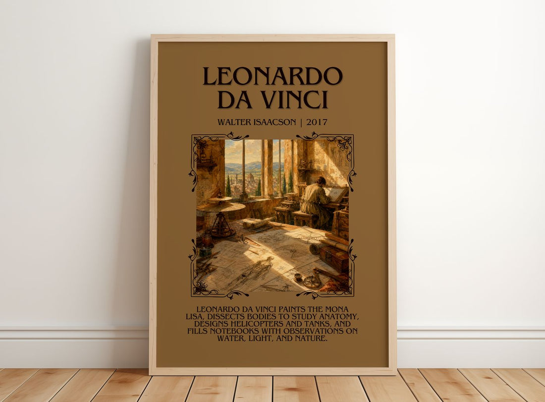 Leonardo da Vinci Minimalist Book Poster by Walter Isaacson – framed print leaning on a wooden floor