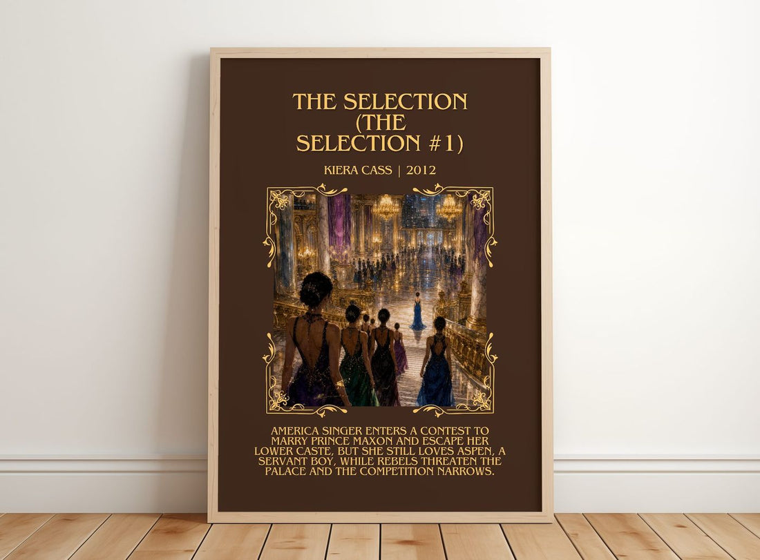 The Selection (The Selection #1) Minimalist Book Poster by Kiera Cass – framed print leaning on a wooden floor