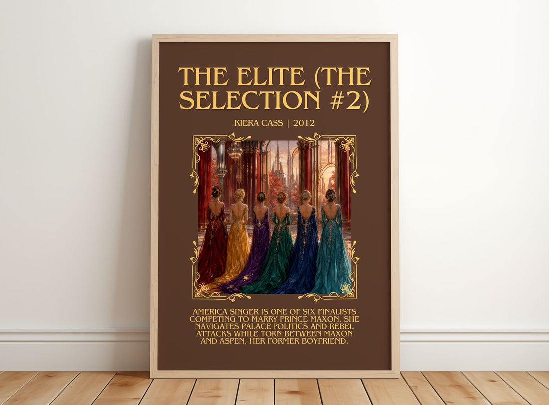 The Elite (The Selection #2) Minimalist Book Poster by Kiera Cass – framed print leaning on a wooden floor