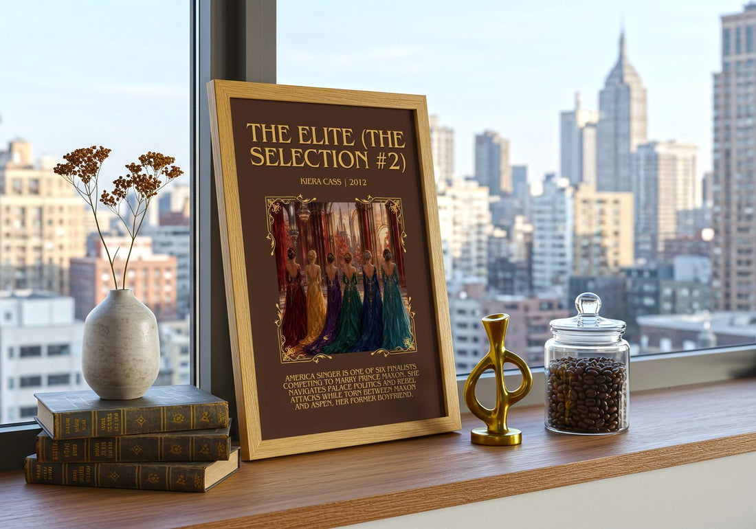 The Elite (The Selection #2) Minimalist Book Poster by Kiera Cass – framed print on a city-view windowsill