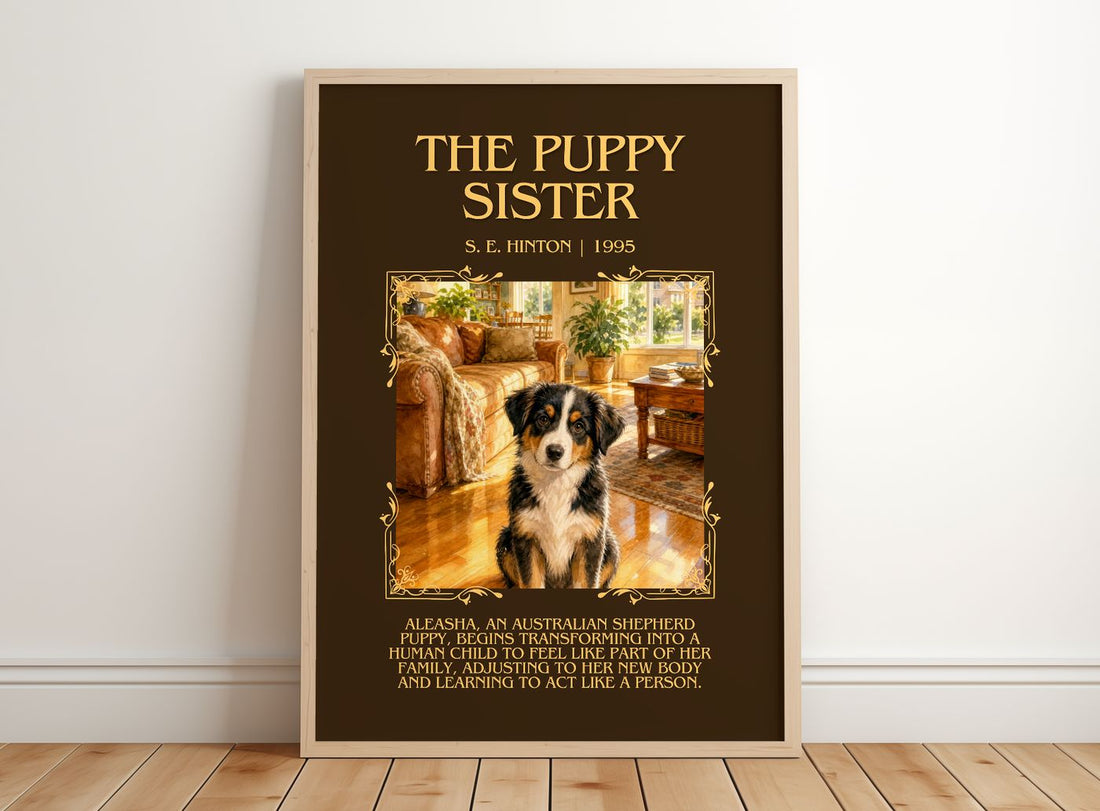 The Puppy Sister Minimalist Book Poster by S. E. Hinton – framed print leaning on a wooden floor