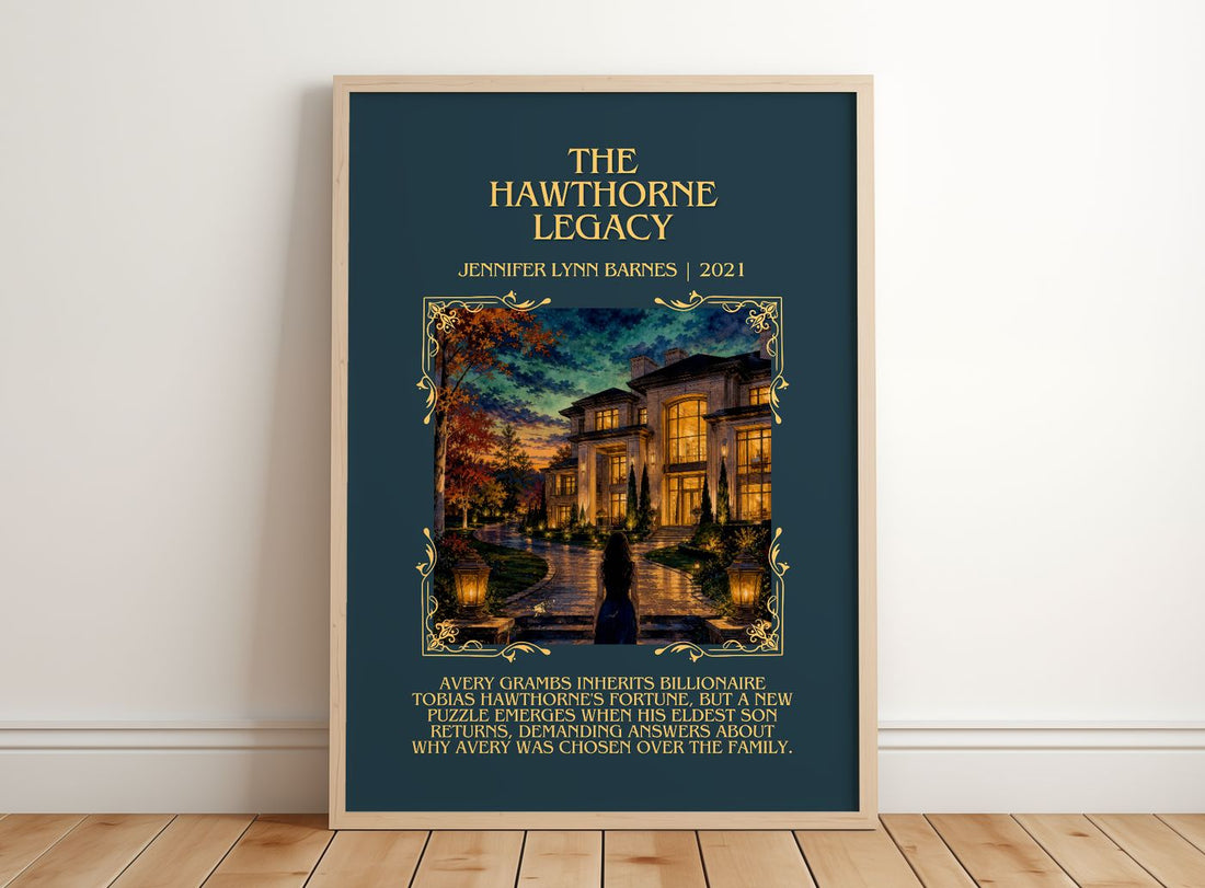 The Hawthorne Legacy Minimalist Book Poster by Jennifer Lynn Barnes – framed print leaning on a wooden floor