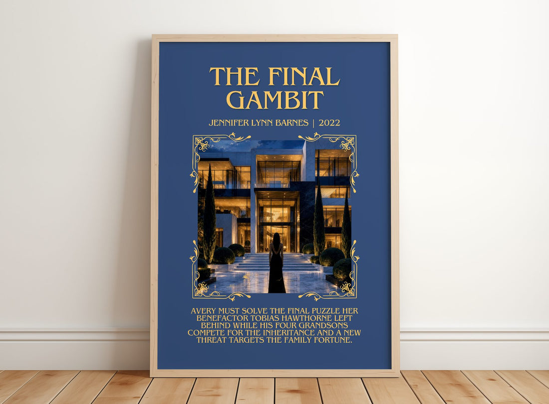 The Final Gambit Minimalist Book Poster by Jennifer Lynn Barnes – framed print leaning on a wooden floor