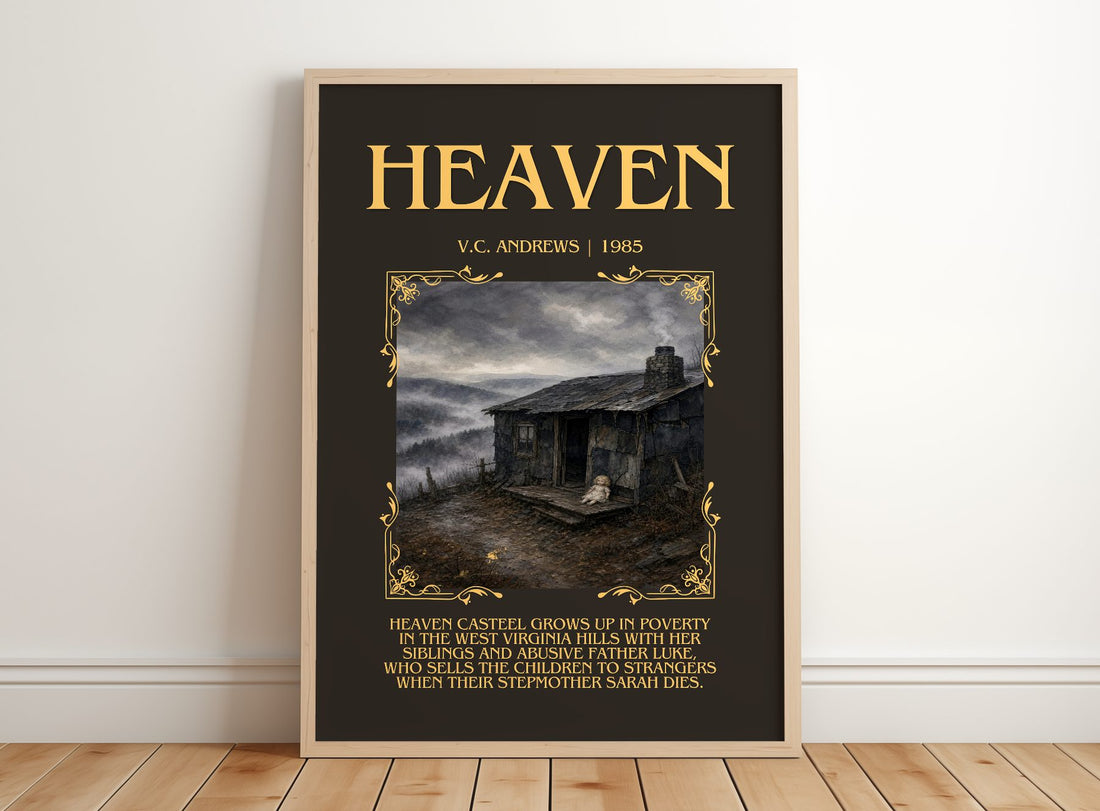 Heaven Minimalist Book Poster by V.C. Andrews – framed print leaning on a wooden floor