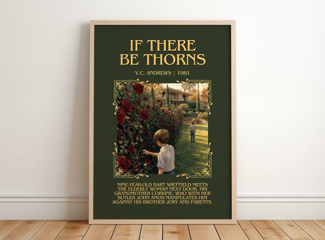 If There Be Thorns Minimalist Book Poster by V.C. Andrews – framed print leaning on a wooden floor