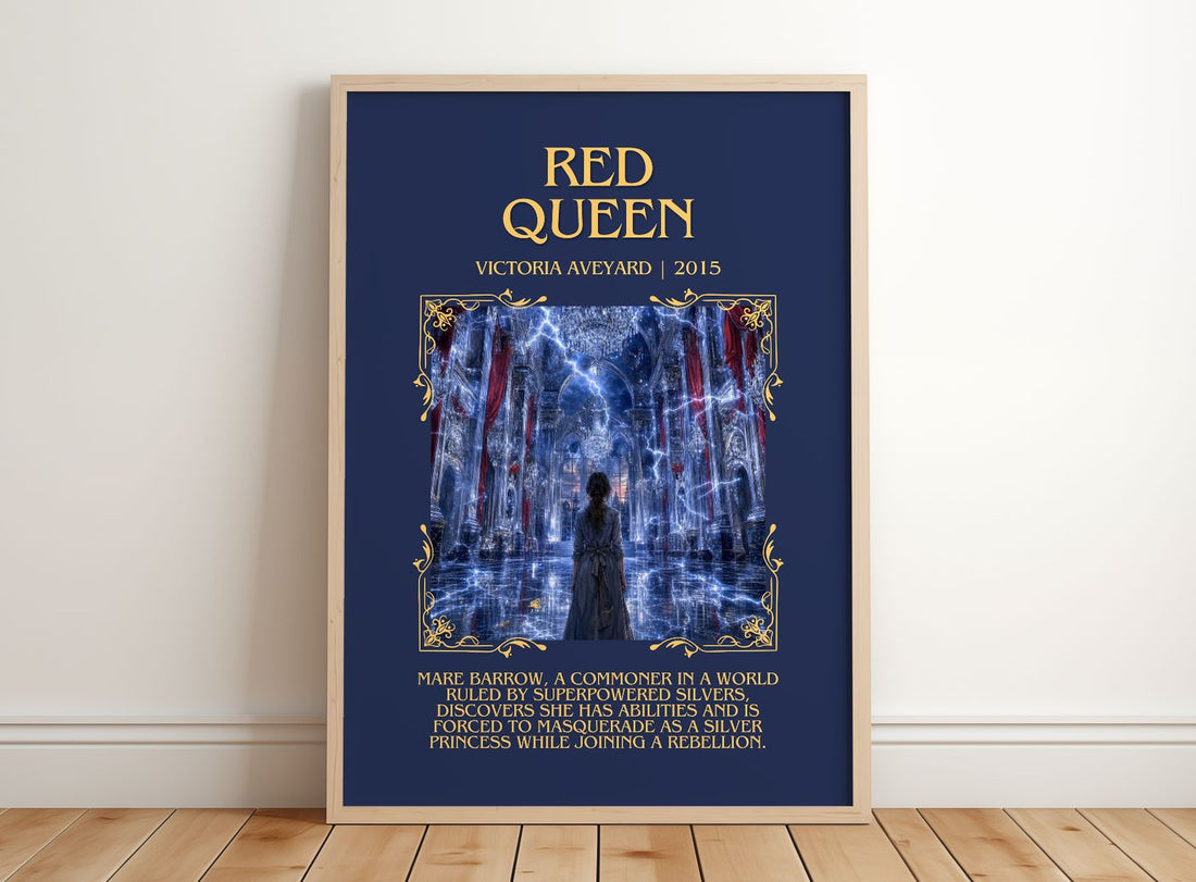 Red Queen Minimalist Book Poster by Victoria Aveyard – framed print leaning on a wooden floor