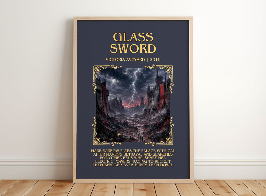 Glass Sword Minimalist Book Poster by Victoria Aveyard – framed print leaning on a wooden floor