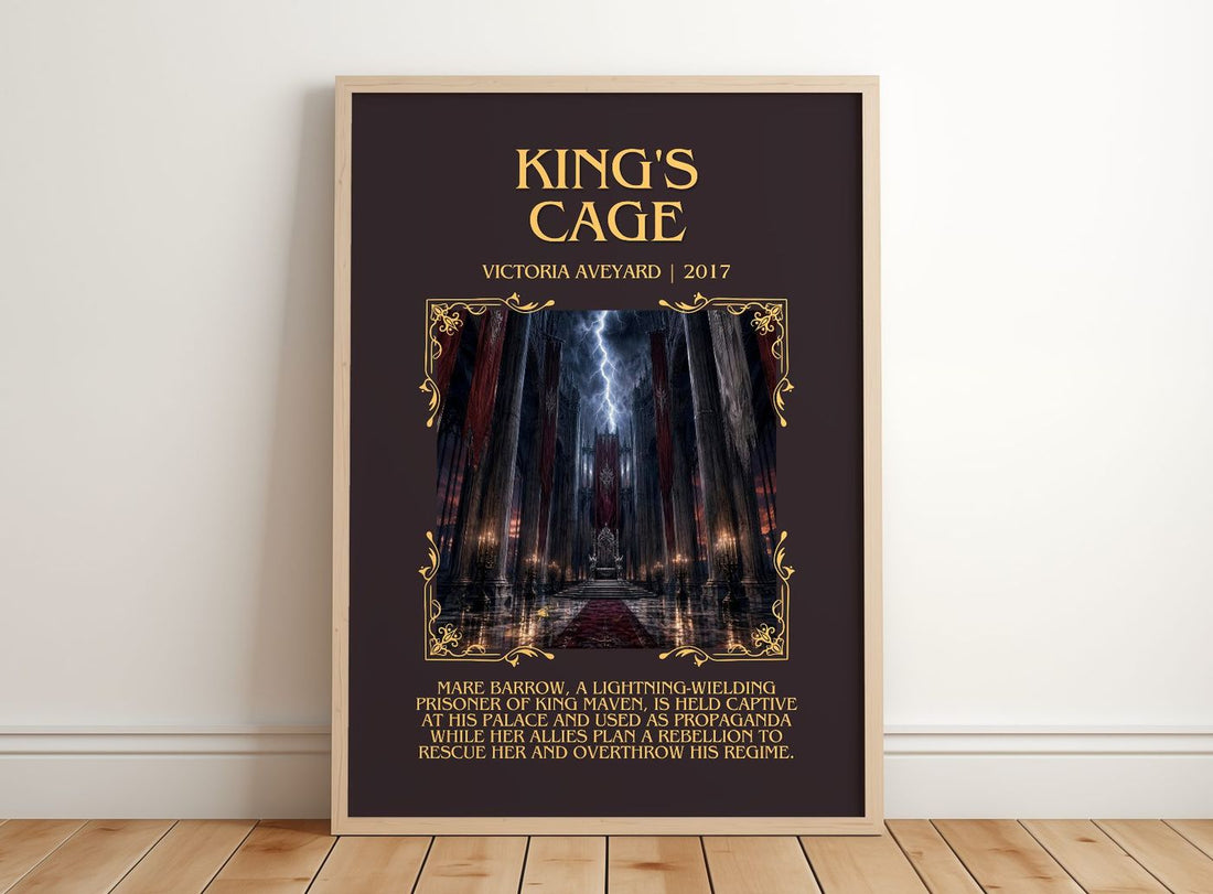 King's Cage Minimalist Book Poster by Victoria Aveyard – framed print leaning on a wooden floor