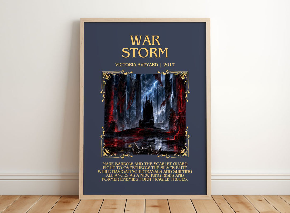 War Storm Minimalist Book Poster by Victoria Aveyard – framed print leaning on a wooden floor