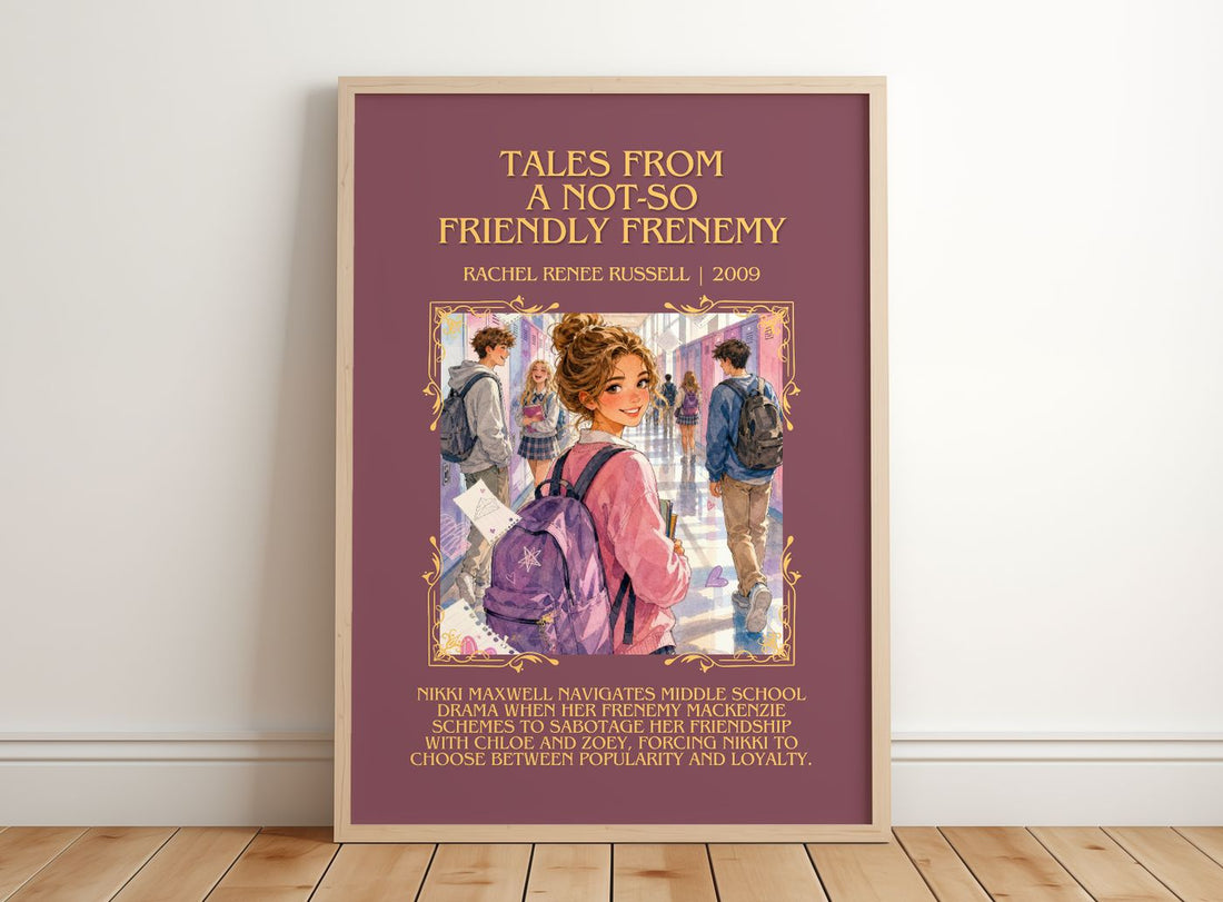 Tales from a Not-So Friendly Frenemy Minimalist Book Poster – framed print leaning on a wooden floor