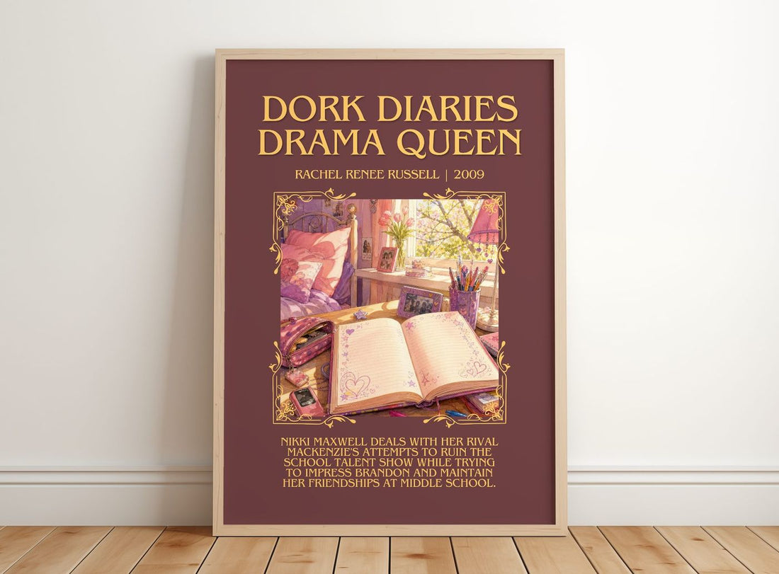 Dork Diaries Drama Queen Minimalist Book Poster by R. Russell – framed print leaning on a wooden floor