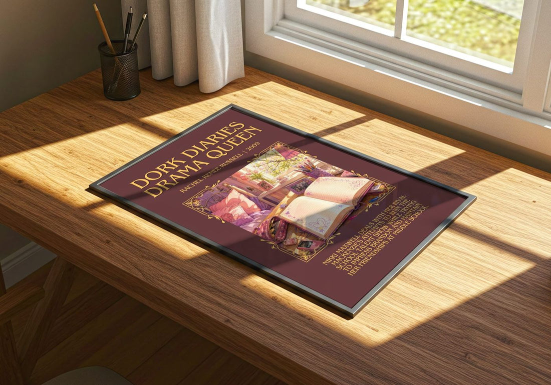 Dork Diaries Drama Queen Minimalist Book Poster by R. Russell – print on a sunlit desk